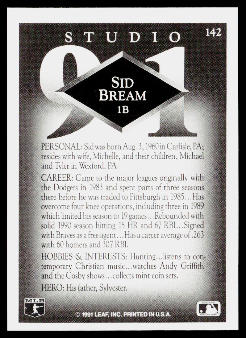 Sid Bream 1991 Studio #142 Atlanta Braves