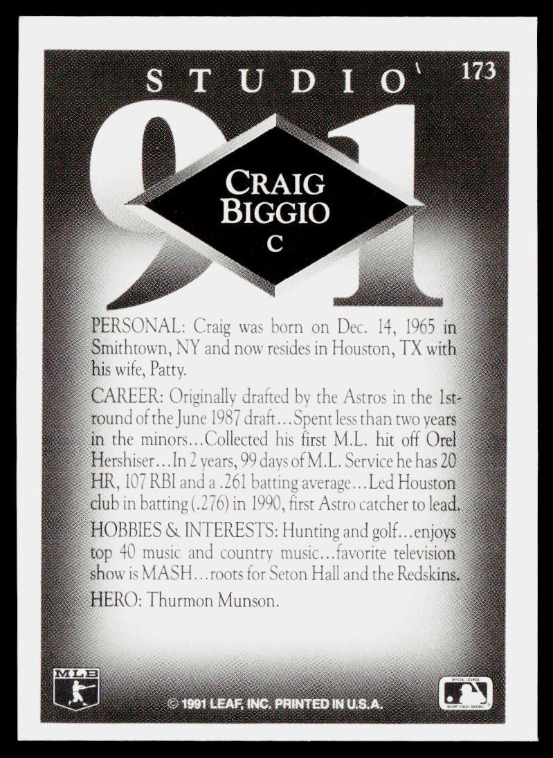 Craig Biggio 1991 Studio #173 Houston Astros