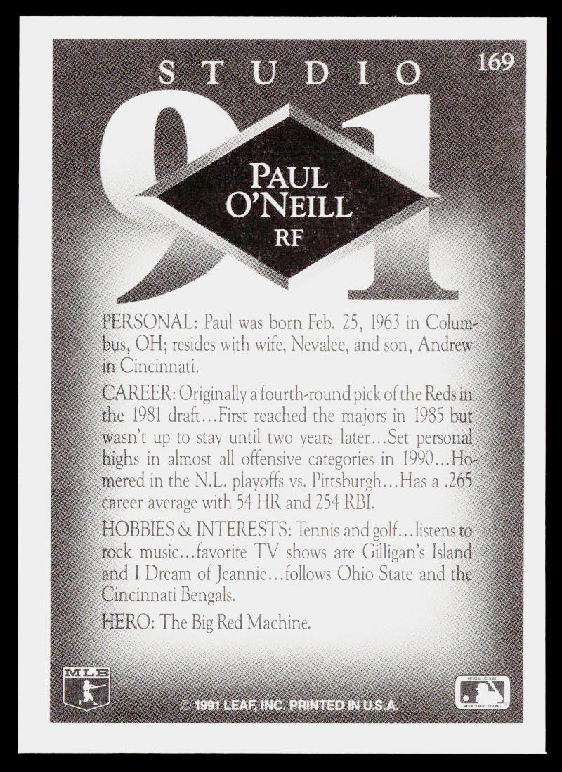 Paul O'Neill 1991 Studio #169 Cincinnati Reds