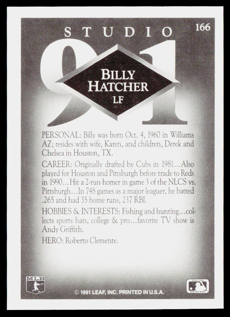 Billy Hatcher 1991 Studio #166 Cincinnati Reds
