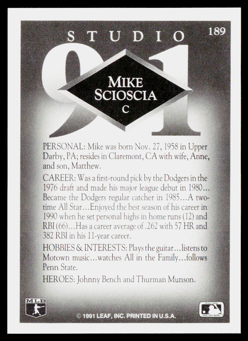 Mike Scioscia 1991 Studio #189 Los Angeles Dodgers