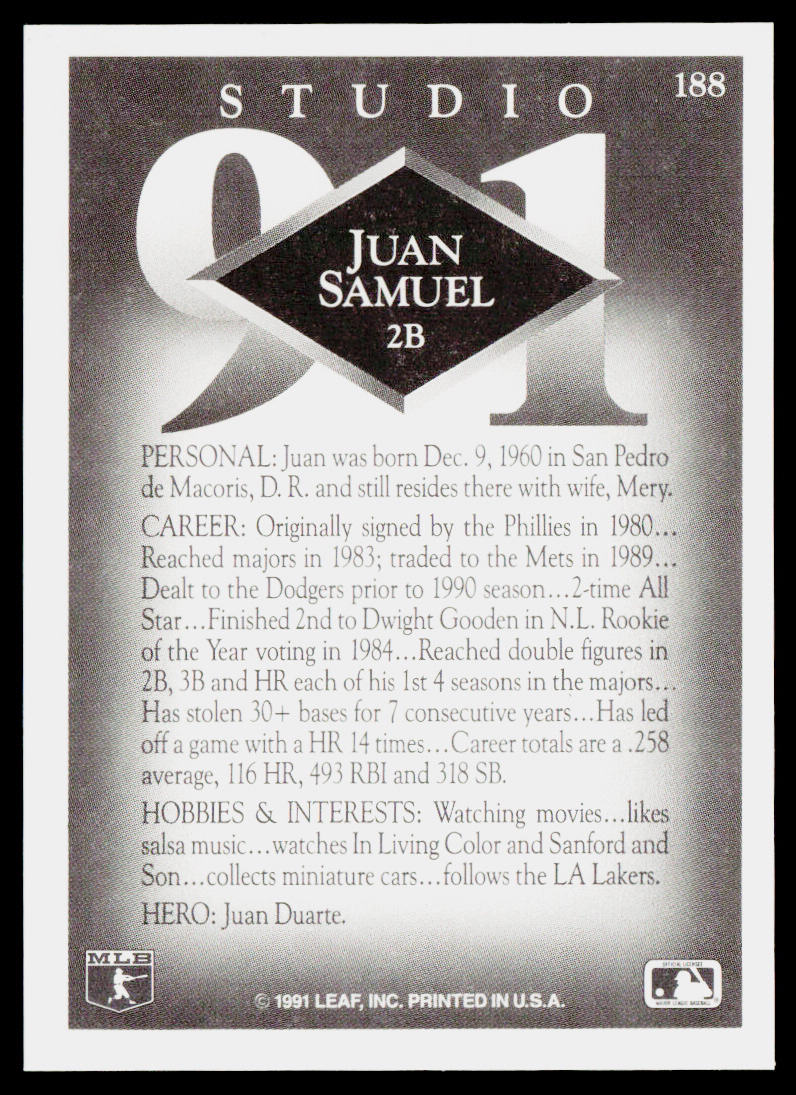 Juan Samuel 1991 Studio #188 Los Angeles Dodgers