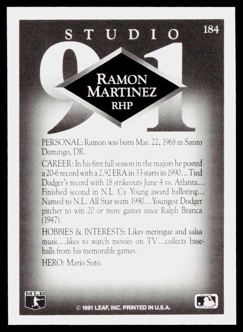 Ramon Martinez 1991 Studio #184 Los Angeles Dodgers