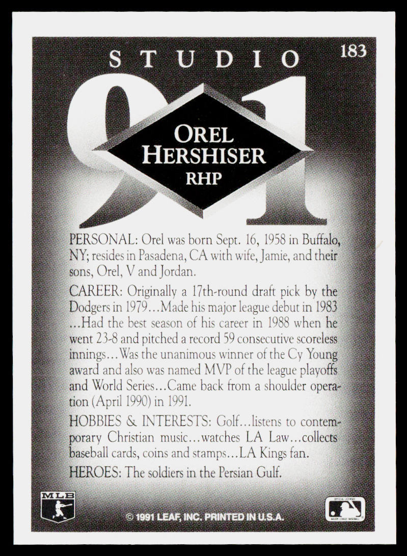 Orel Hershiser 1991 Studio #183 Los Angeles Dodgers