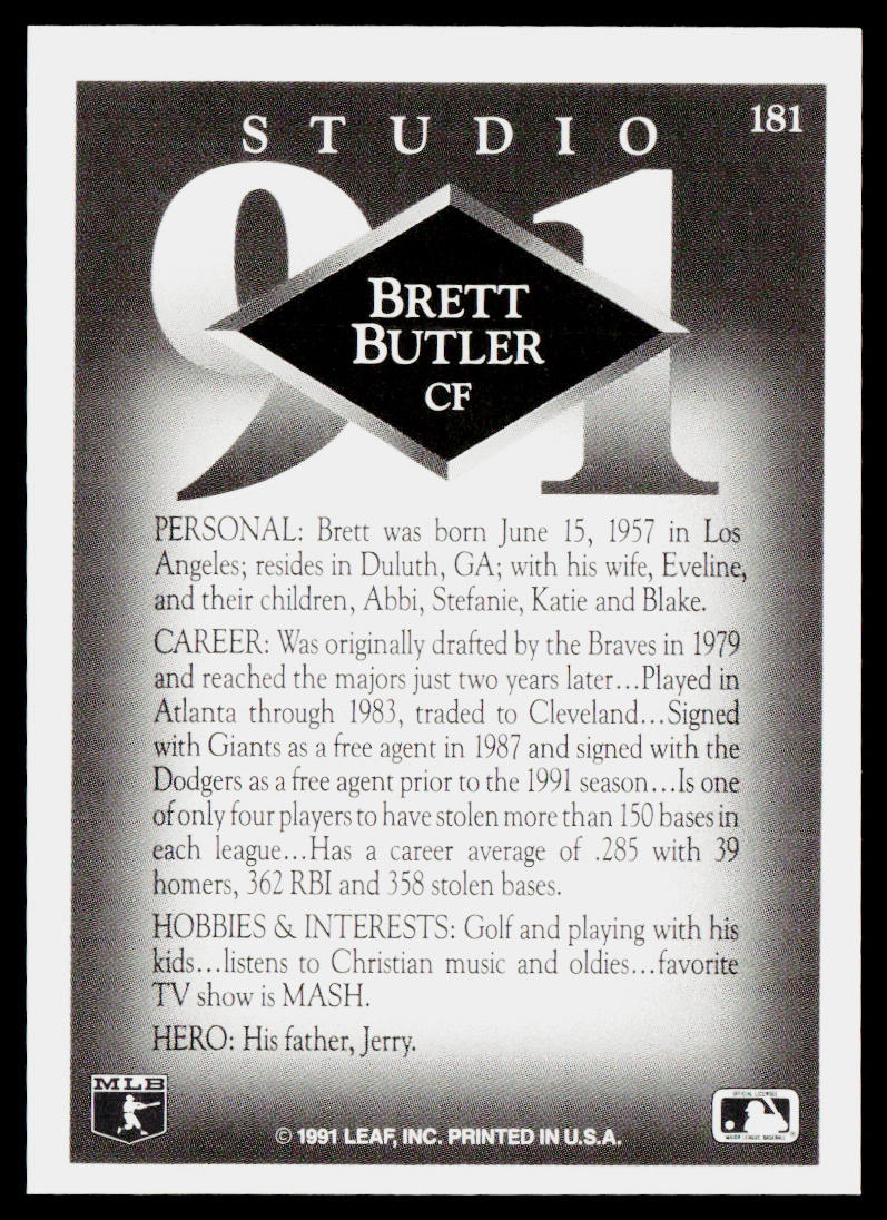 Brett Butler 1991 Studio #181 Los Angeles Dodgers