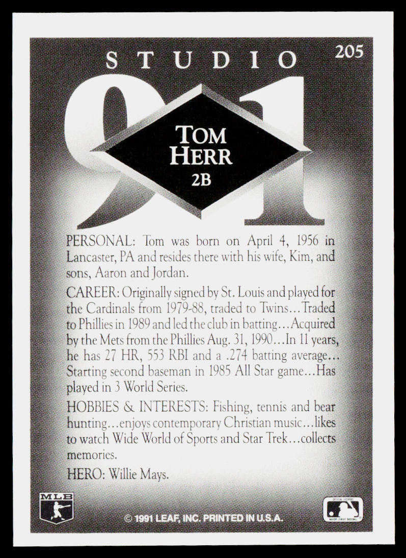Tom Herr 1991 Studio #205 New York Mets