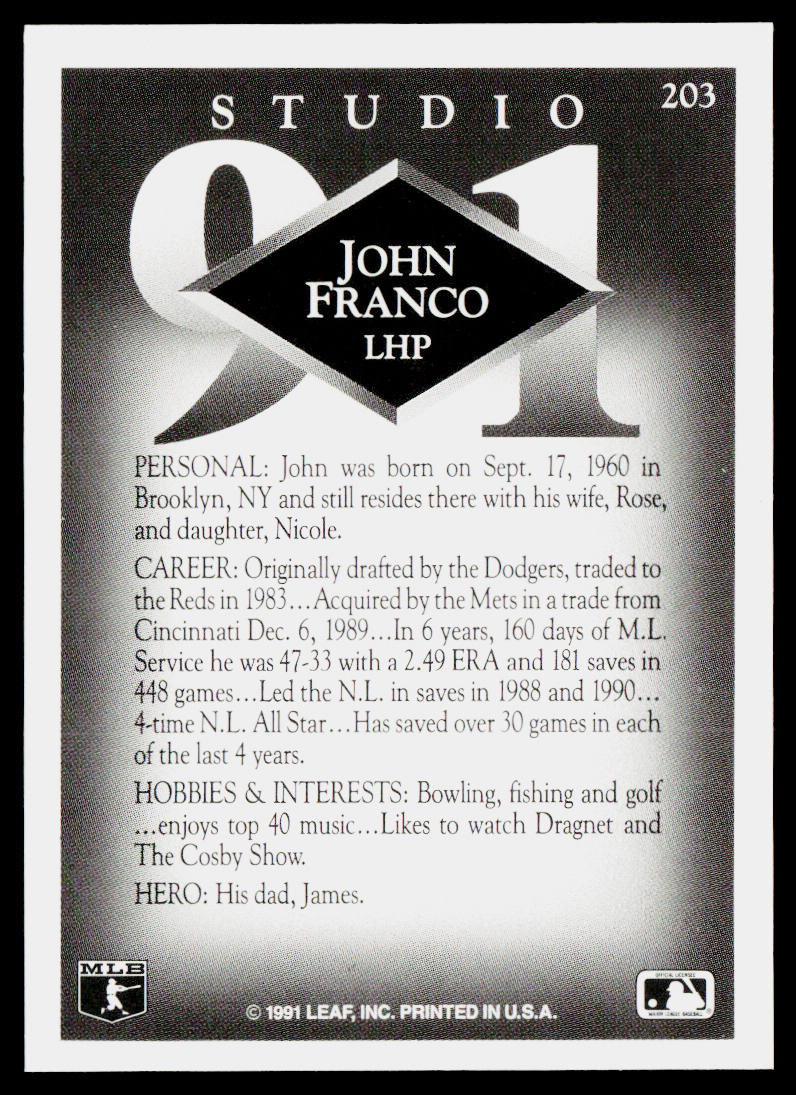John Franco 1991 Studio #203 New York Mets