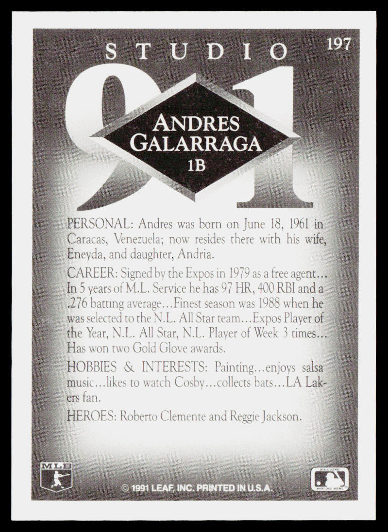 Andres Galarraga 1991 Studio #197 Montreal Expos