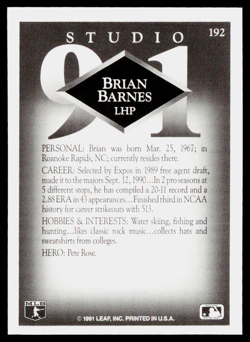 Brian Barnes 1991 Studio #192 RC Montreal Expos