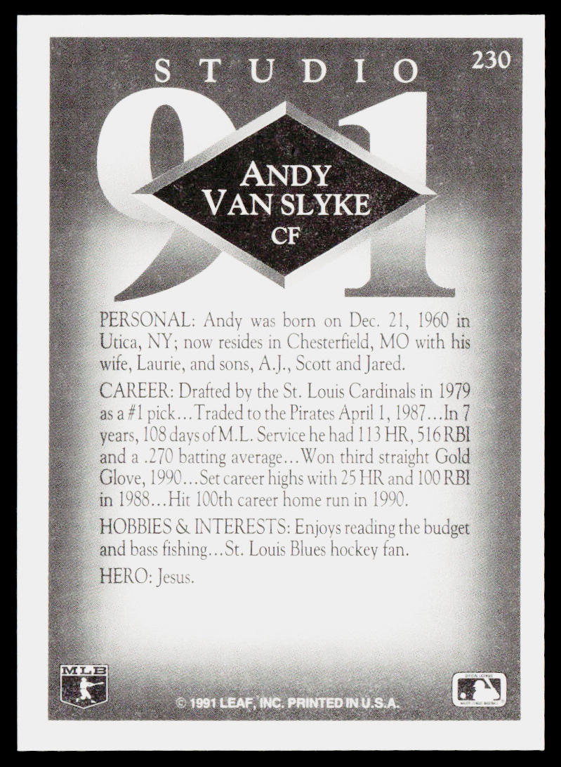 Andy Van Slyke 1991 Studio #230 Pittsburgh Pirates