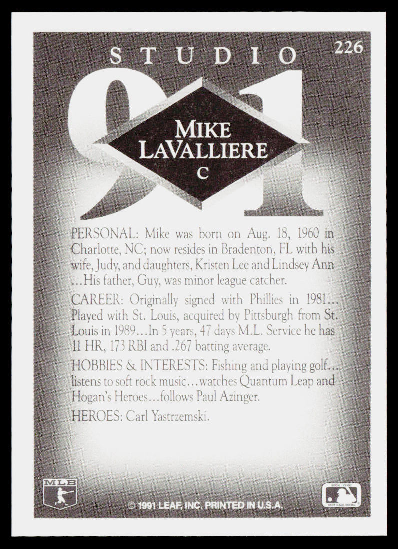 Mike LaValliere 1991 Studio #226 Pittsburgh Pirates