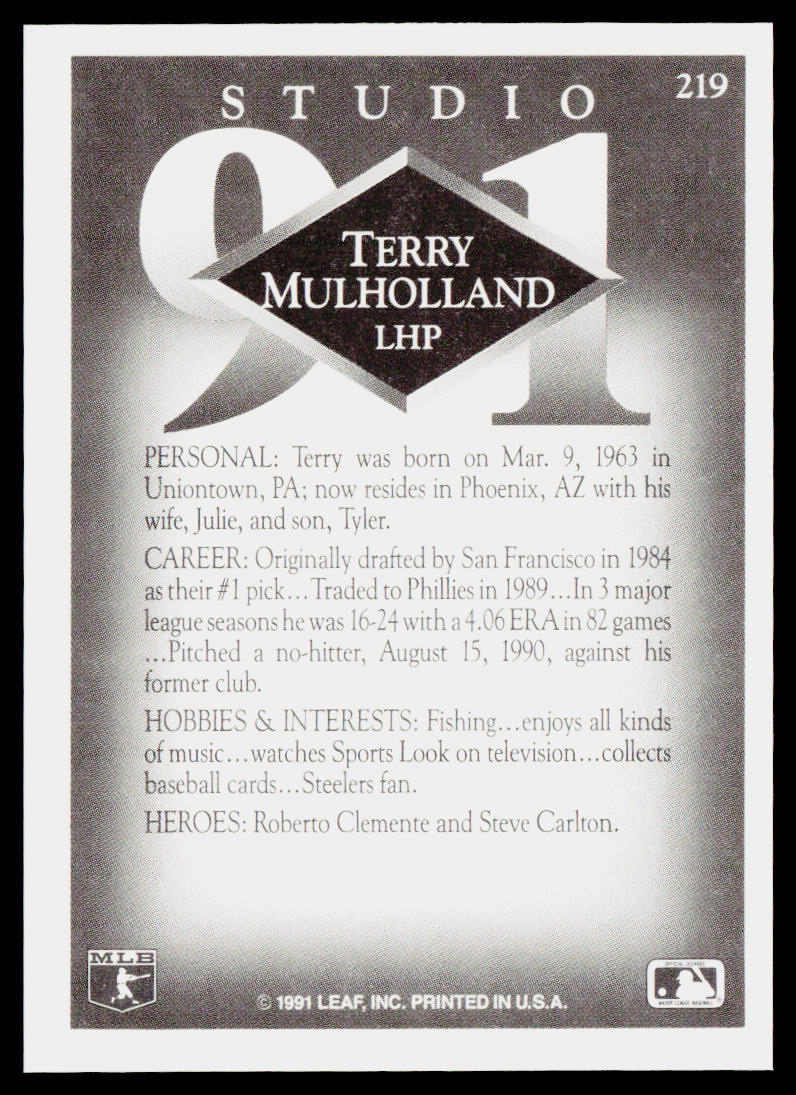 Terry Mulholland 1991 Studio #219 Philadelphia Phillies