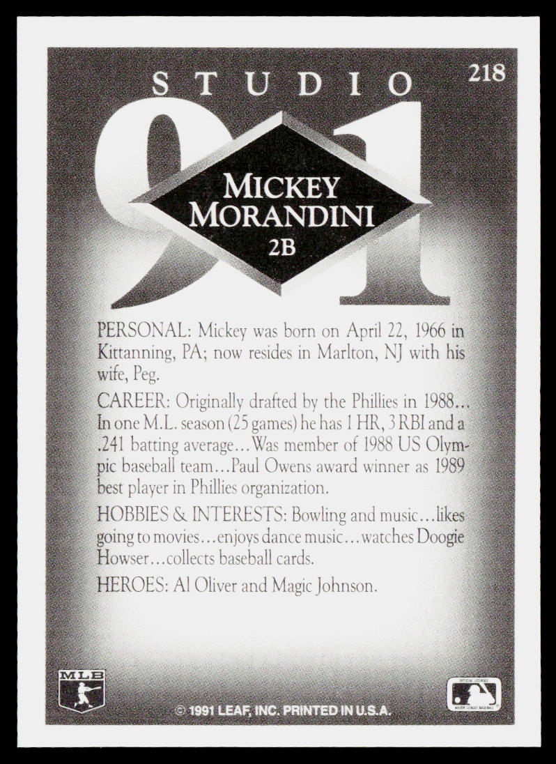 Mickey Morandini 1991 Studio #218 Philadelphia Phillies