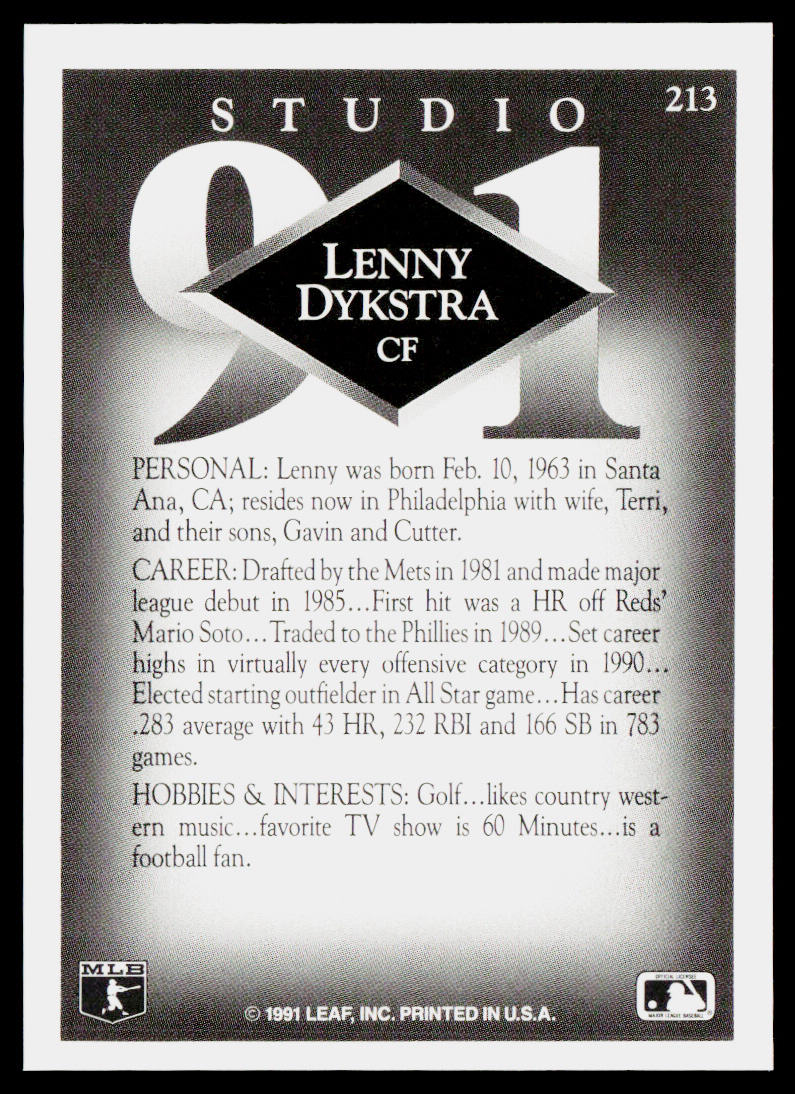 Lenny Dykstra 1991 Studio #213 Philadelphia Phillies