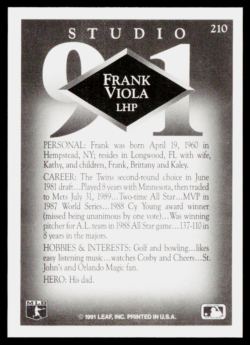 Frank Viola 1991 Studio #210 New York Mets