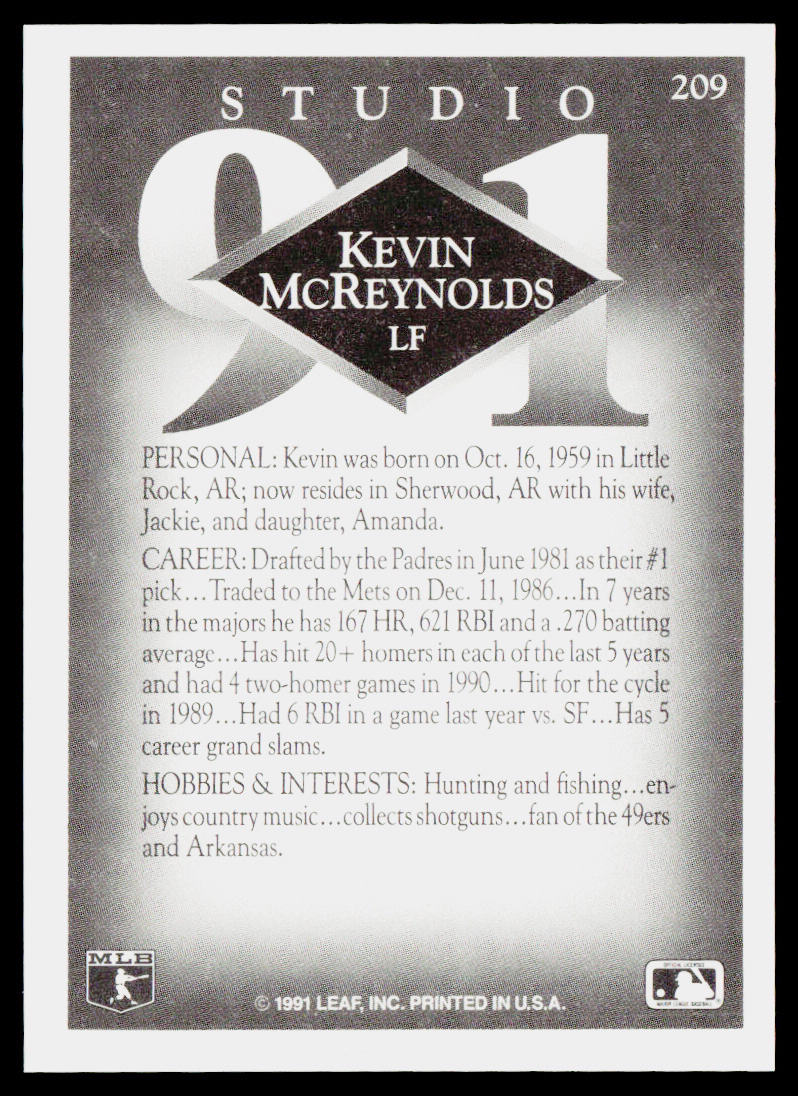 Kevin McReynolds 1991 Studio #209 New York Mets