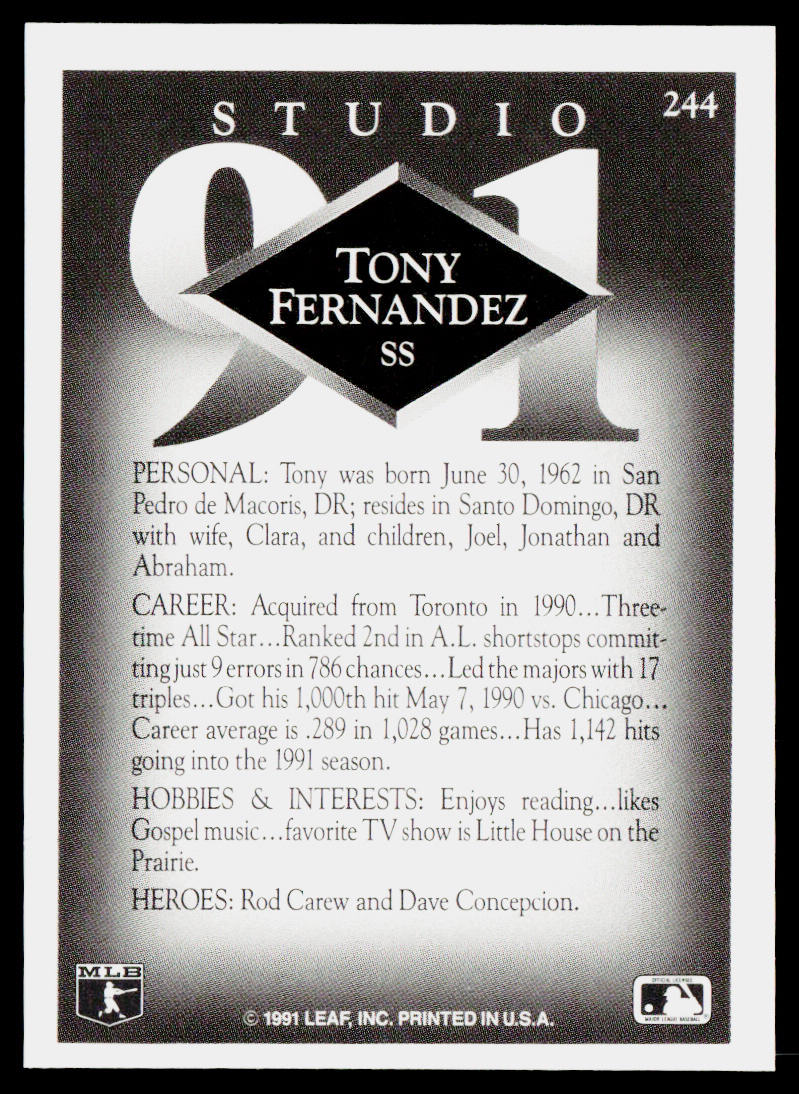 Tony Fernandez 1991 Studio #244 San Diego Padres