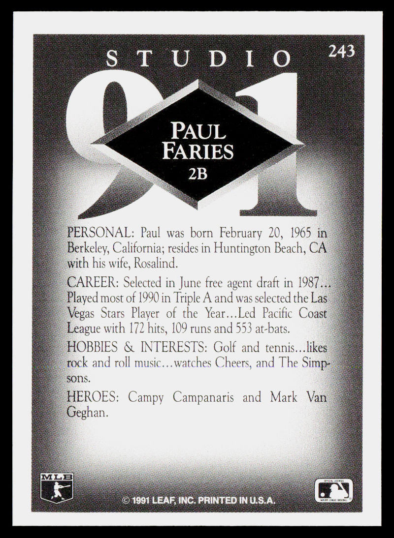 Paul Faries 1991 Studio #243 RC San Diego Padres