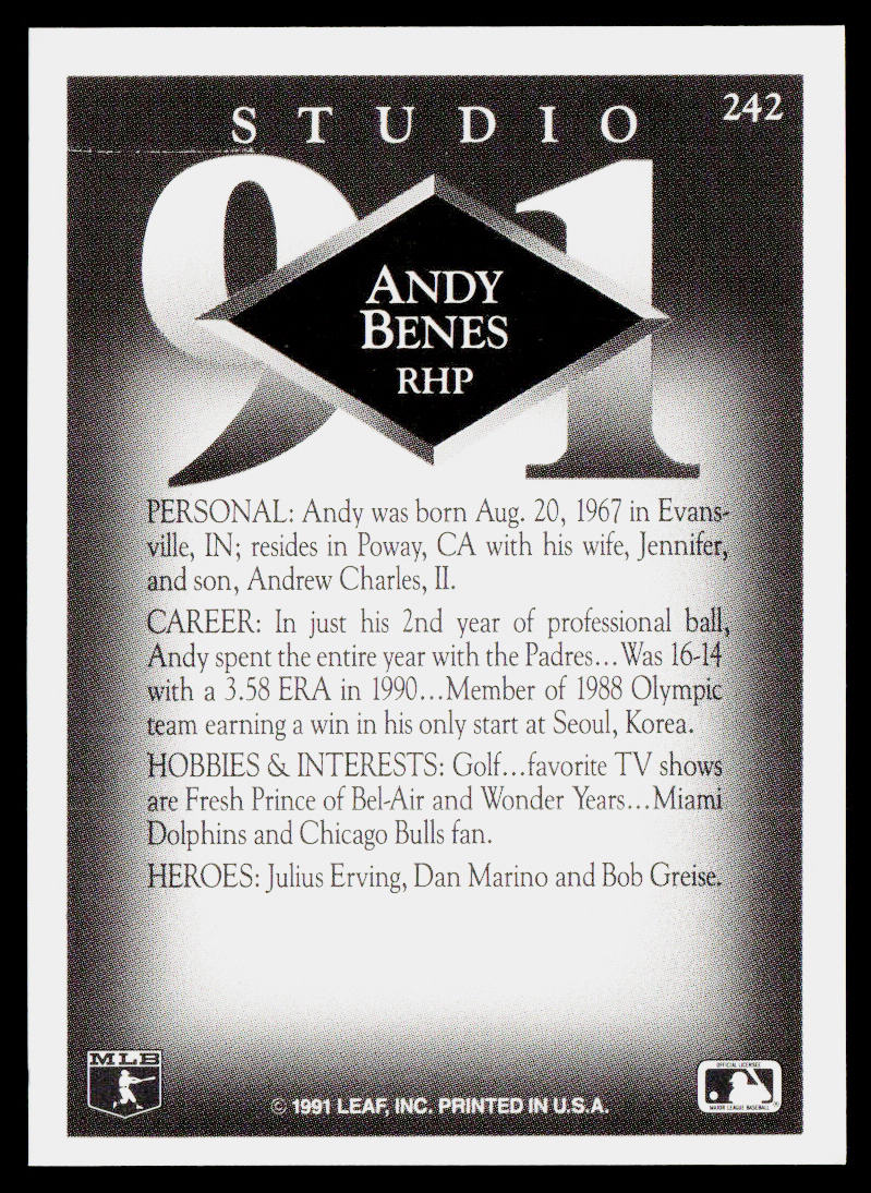 Andy Benes 1991 Studio #242 San Diego Padres