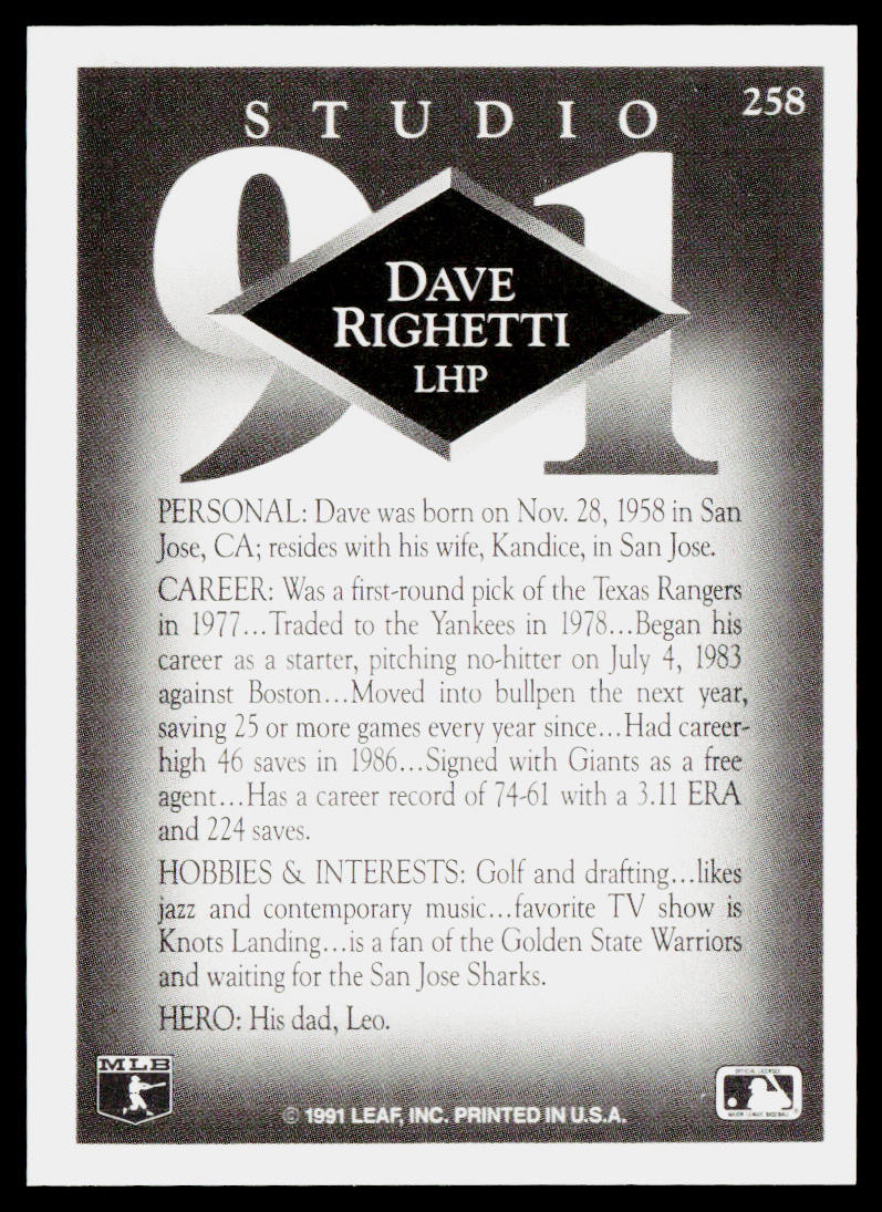Dave Righetti 1991 Studio #258 San Francisco Giants