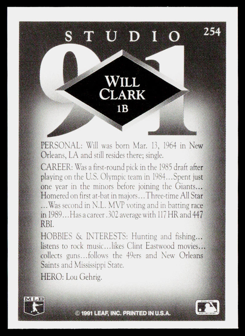 Will Clark 1991 Studio #254 San Francisco Giants