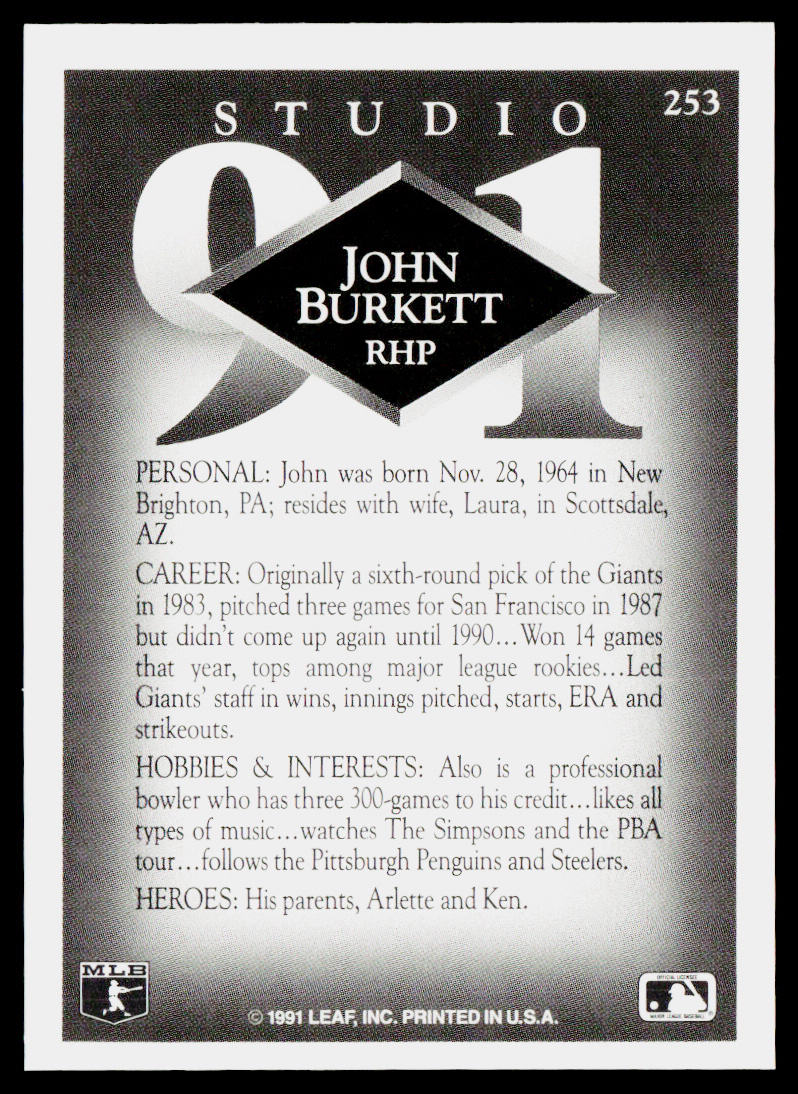 John Burkett 1991 Studio #253 San Francisco Giants