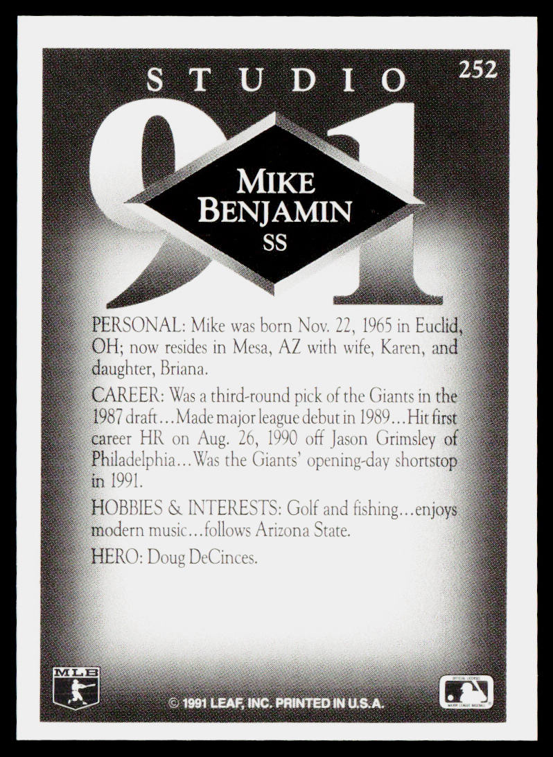 Mike Benjamin 1991 Studio #252 San Francisco Giants