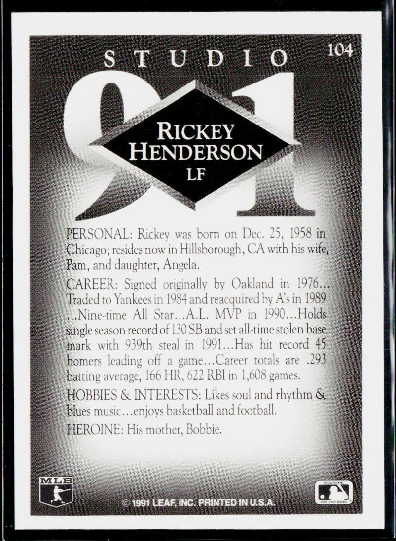 Rickey Henderson 1991 Studio #104 Oakland Athletics