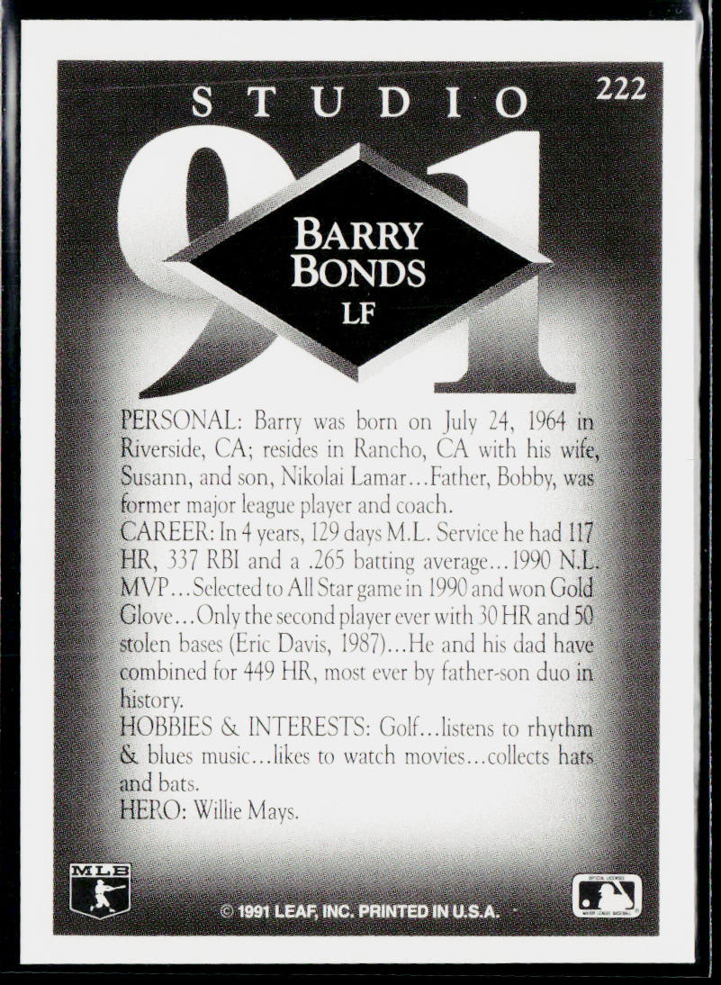 Barry Bonds 1991 Studio #222 Pittsburgh Pirates