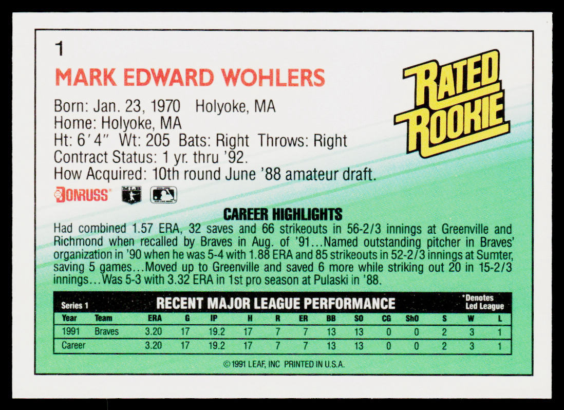 Mark Wohlers 1992 Donruss #1 Atlanta Braves