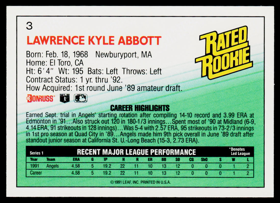 Kyle Abbott 1992 Donruss #3b California Angels