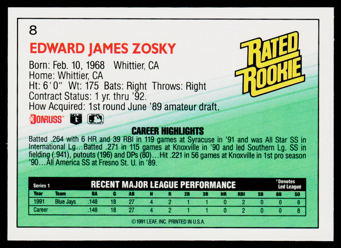 Eddie Zosky 1992 Donruss #8 Toronto Blue Jays