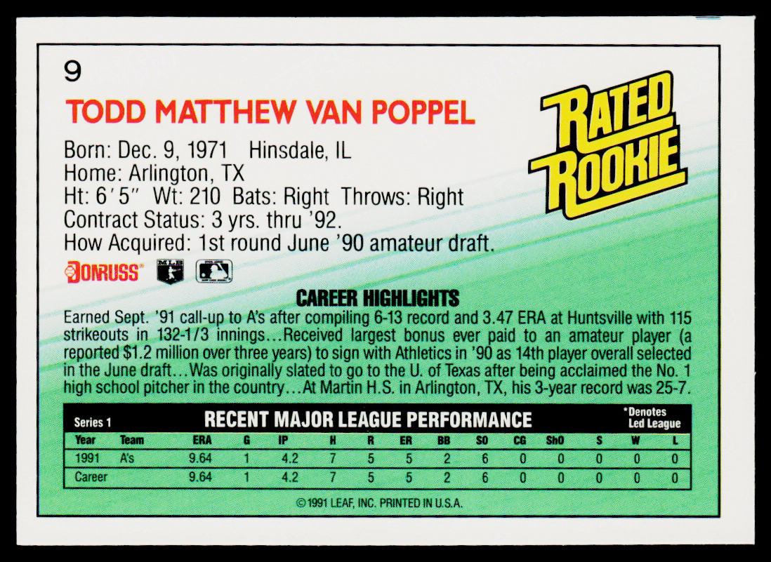 Todd Van Poppel 1992 Donruss #9 Oakland Athletics