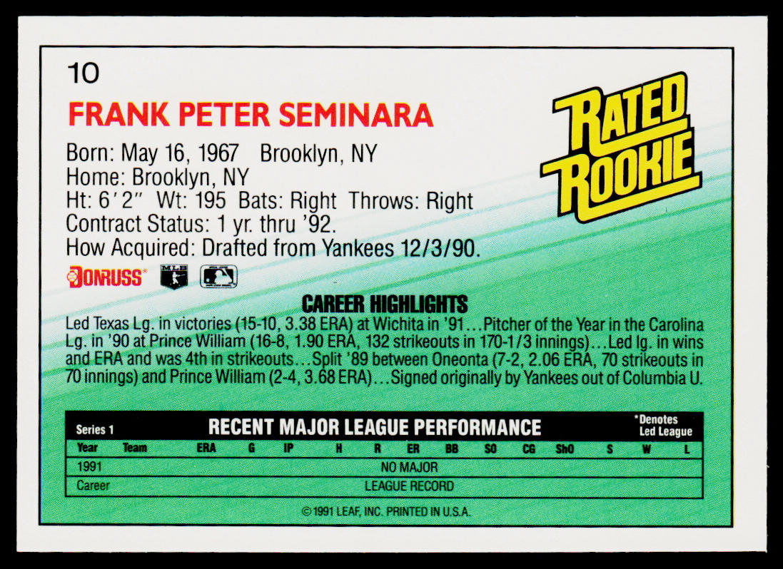 Frank Seminara 1992 Donruss #10 RC San Diego Padres