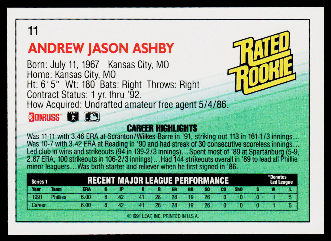 Andy Ashby 1992 Donruss #11b Philadelphia Phillies