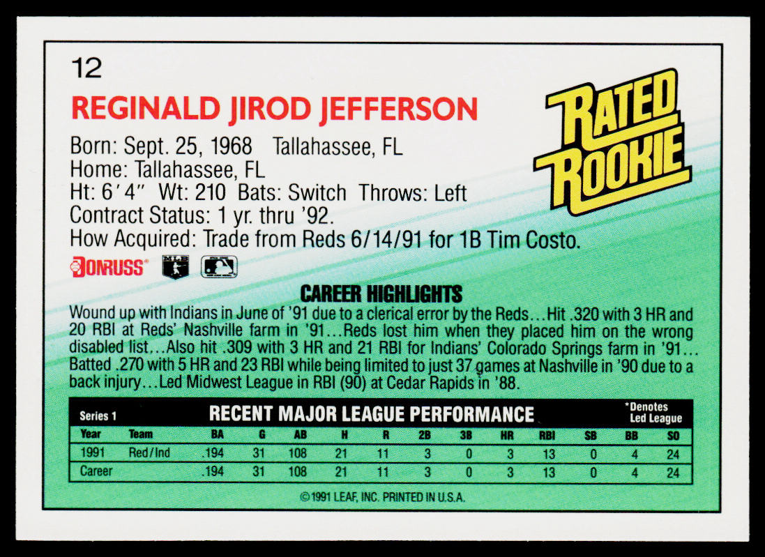 Reggie Jefferson 1992 Donruss #12b Cleveland Indians