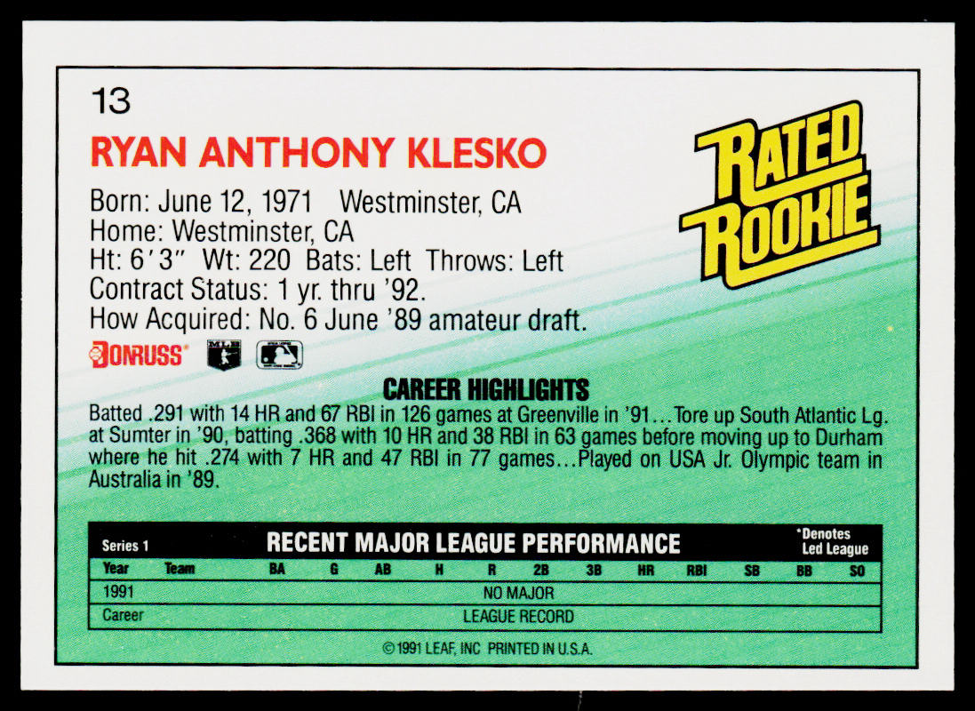 Ryan Klesko 1992 Donruss #13 Atlanta Braves