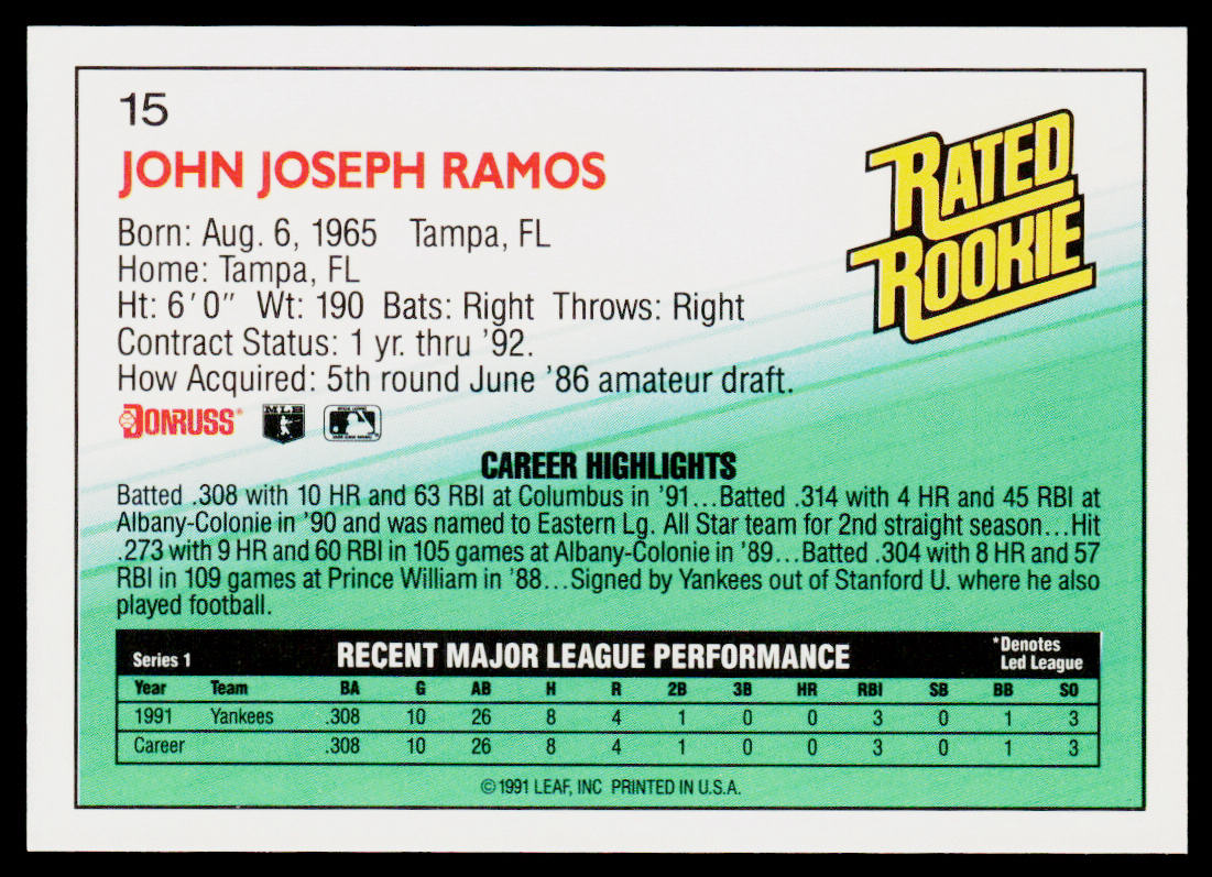 John Ramos 1992 Donruss #15b New York Yankees