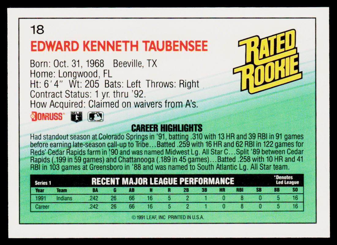 Eddie Taubensee 1992 Donruss #18b RC Cleveland Indians
