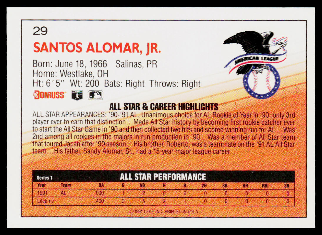 Sandy Alomar 1992 Donruss #29 Cleveland Indians