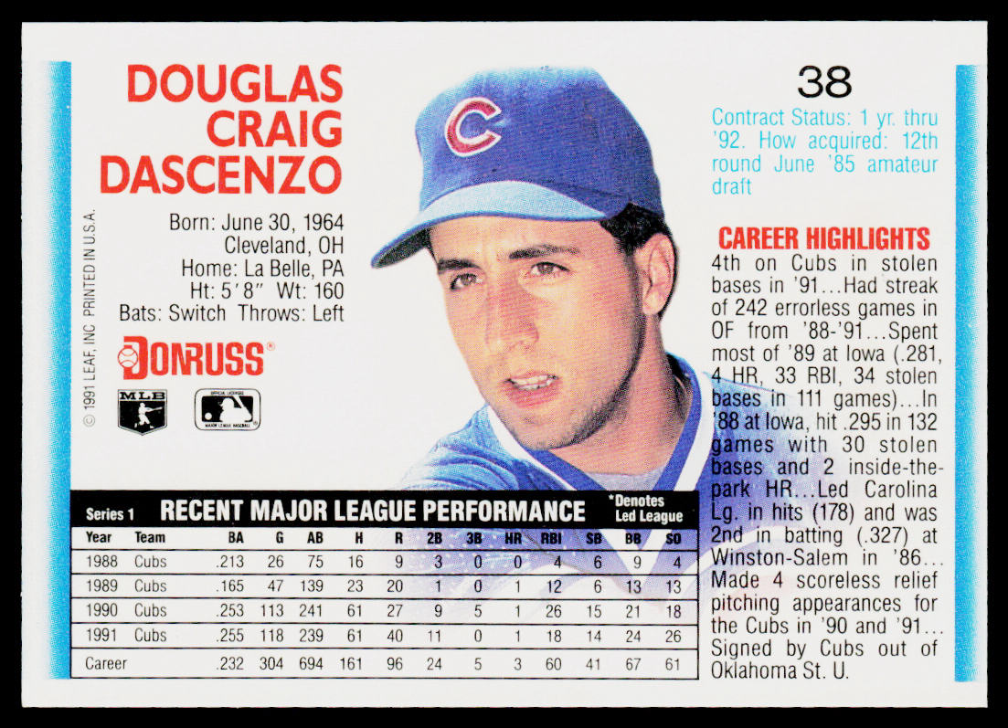 Doug Dascenzo 1992 Donruss #38 Chicago Cubs