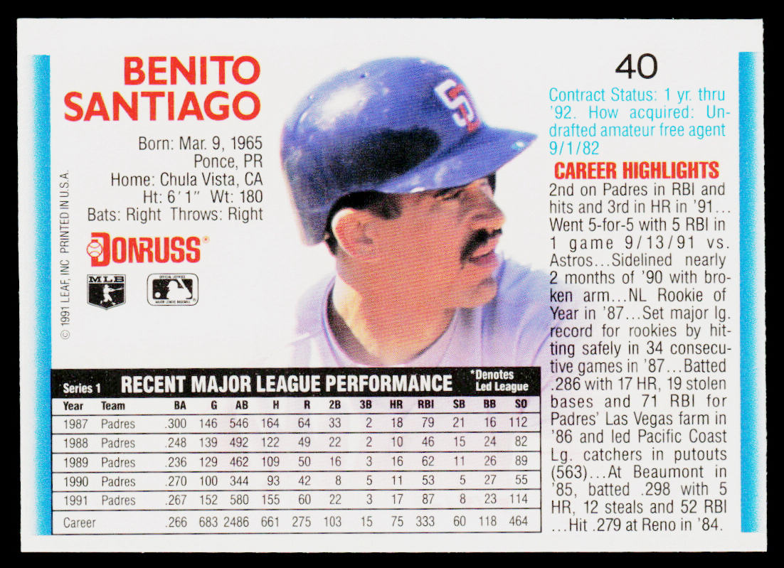 Benito Santiago 1992 Donruss #40 San Diego Padres