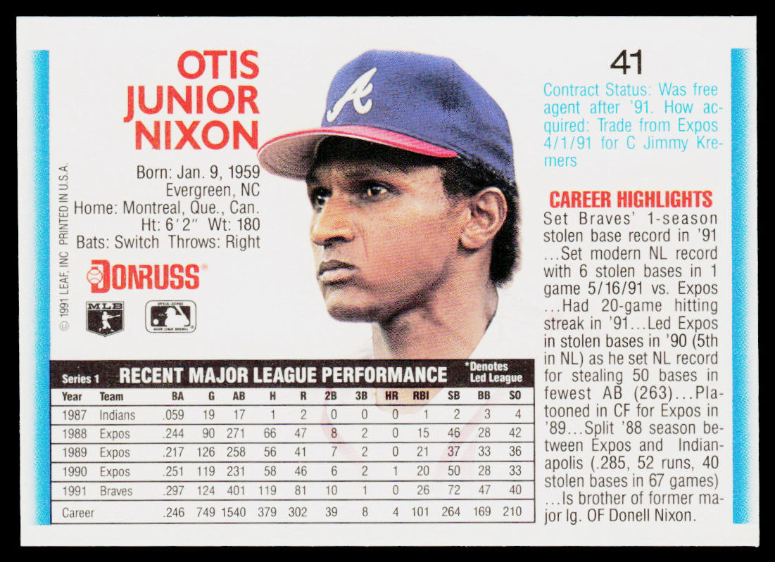 Otis Nixon 1992 Donruss #41 Atlanta Braves
