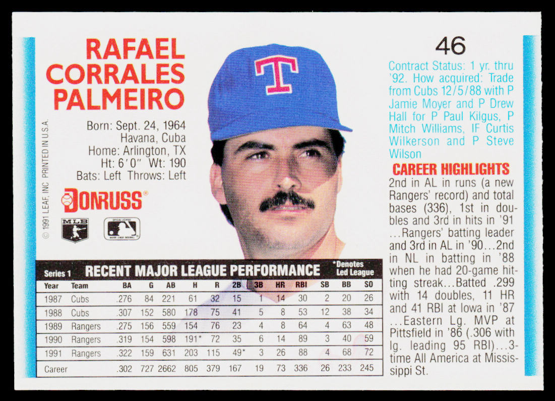 Rafael Palmeiro 1992 Donruss #46b Texas Rangers