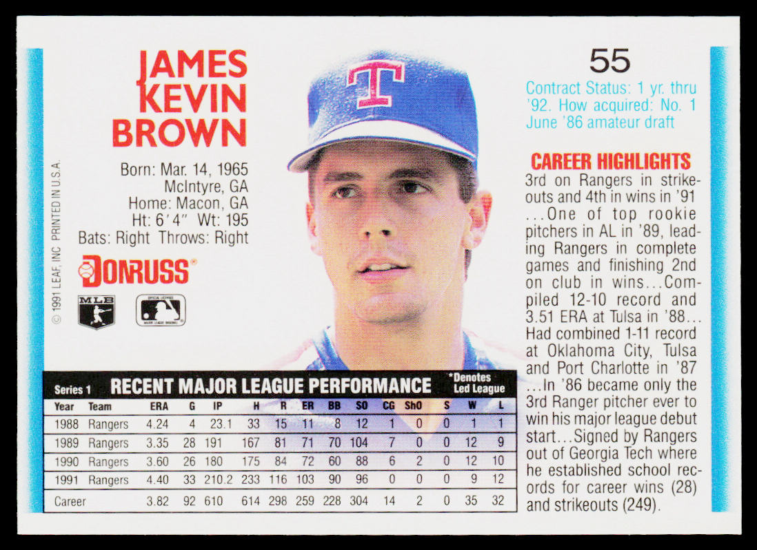 Kevin Brown 1992 Donruss #55b Texas Rangers