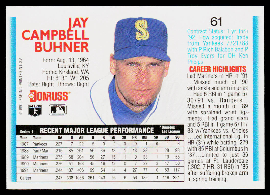 Jay Buhner 1992 Donruss #61b Seattle Mariners