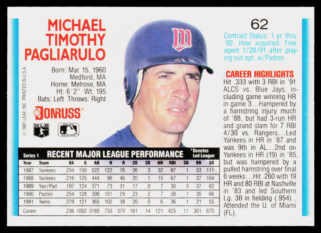 Mike Pagliarulo 1992 Donruss #62b Minnesota Twins