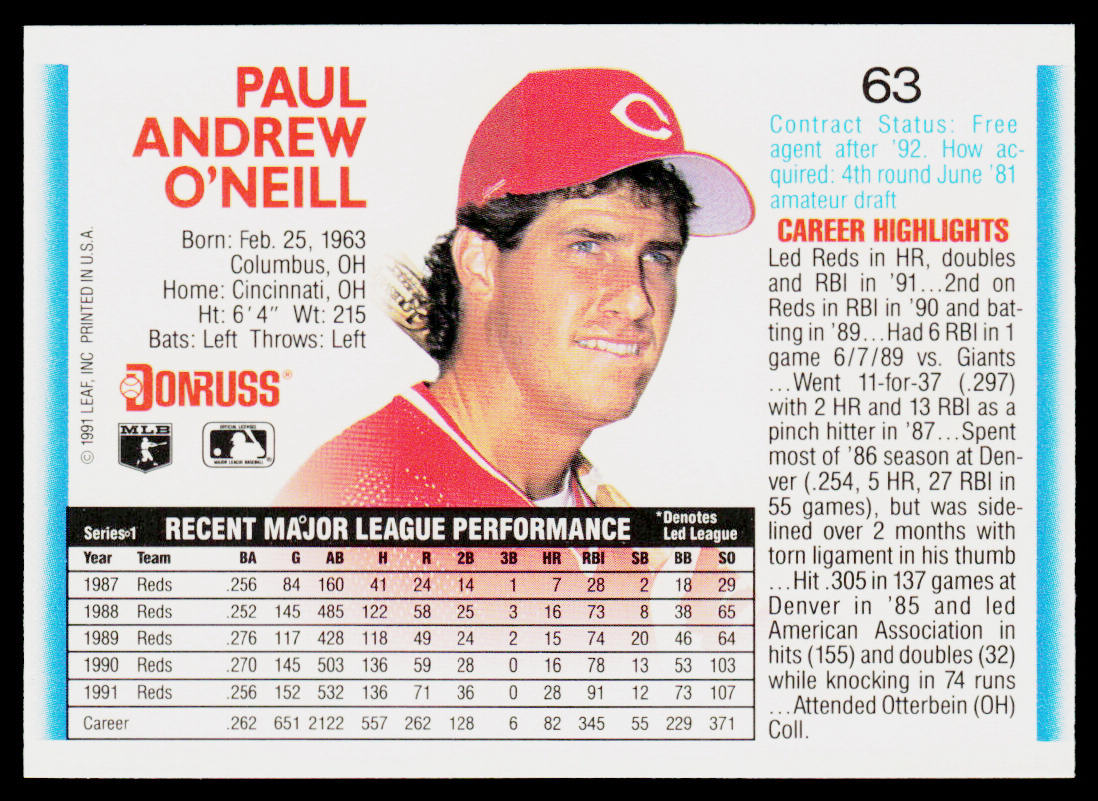 Paul O'Neill 1992 Donruss #63 Cincinnati Reds