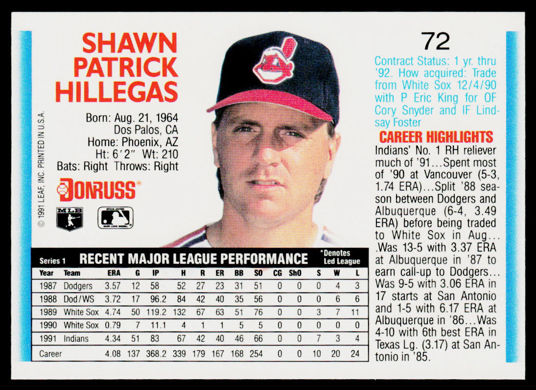 Shawn Hillegas 1992 Donruss #72 Cleveland Indians