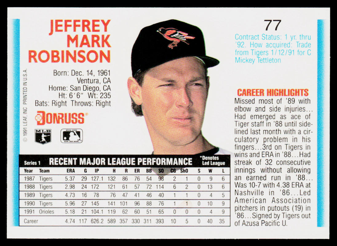 Jeff Robinson 1992 Donruss #77b Baltimore Orioles